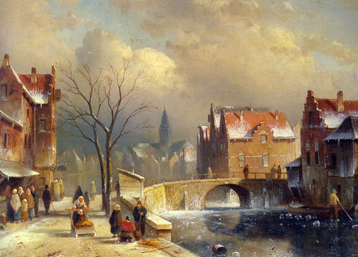700x503 Winter Villagers On A Snowy Street By A Canal - Oil Painting Reproductions