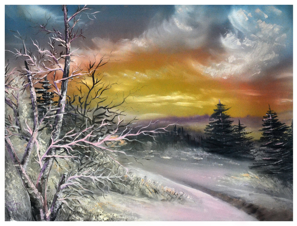 1025x780 Purple Winter Landscape Oil Painting By Marinapacurar - Oil Painting Snow Landscape