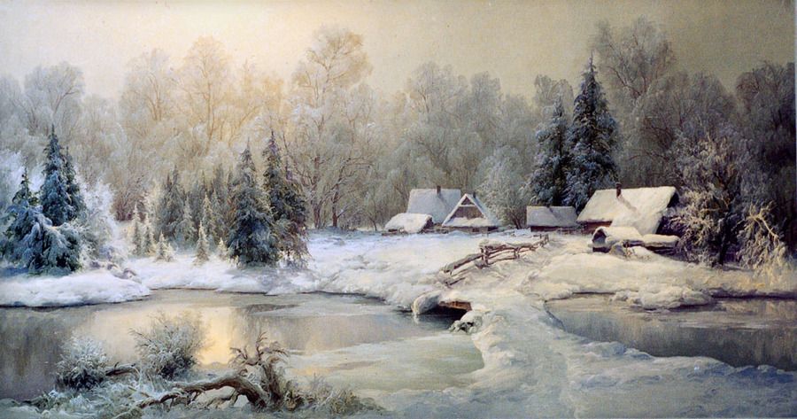 900x473 Outdoor Snow Scene An Oil Painting Snow, River, Forest, Winter - Oil Painting Snow Landscape