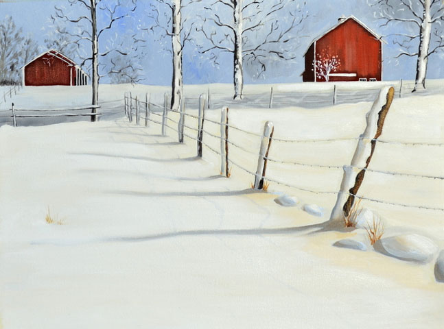 647x480 Red Barn Snow Scene Oil Painting - Oil Painting Snow Scenes