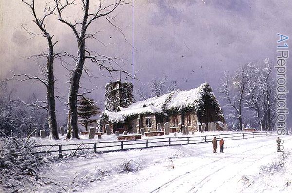 600x397 Winter Scene With Figures On A Path Near A Church Oil Painting - Oil Painting Snow Scenes