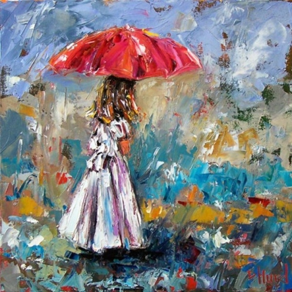 600x600 Girl In The Rain With Umbrella Art Oil Painting By Debra Hurd By - Oil Painting Umbrella