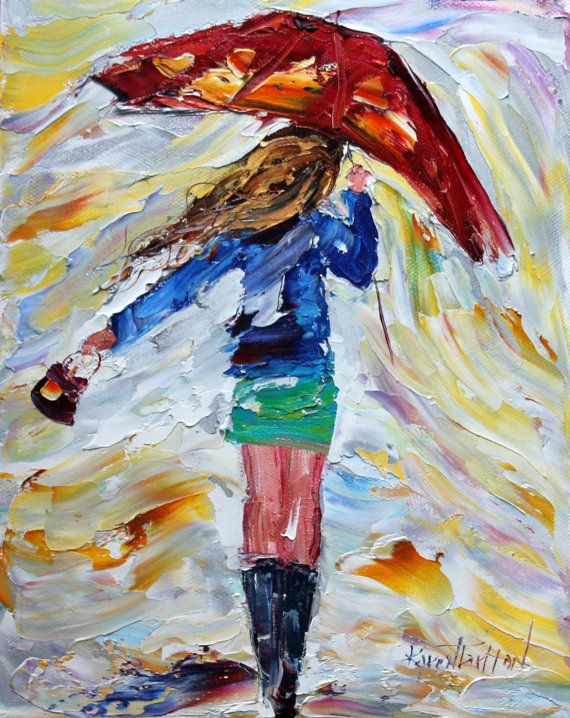 570x718 Original Oil Painting Red Umbrella Rain Girl Palette Knife Impasto - Oil Painting Umbrella