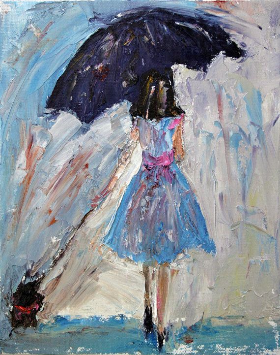 570x721 Tres Chic, Original Oil Painting Of Woman In Rain With Umbrella - Oil Painting Umbrella
