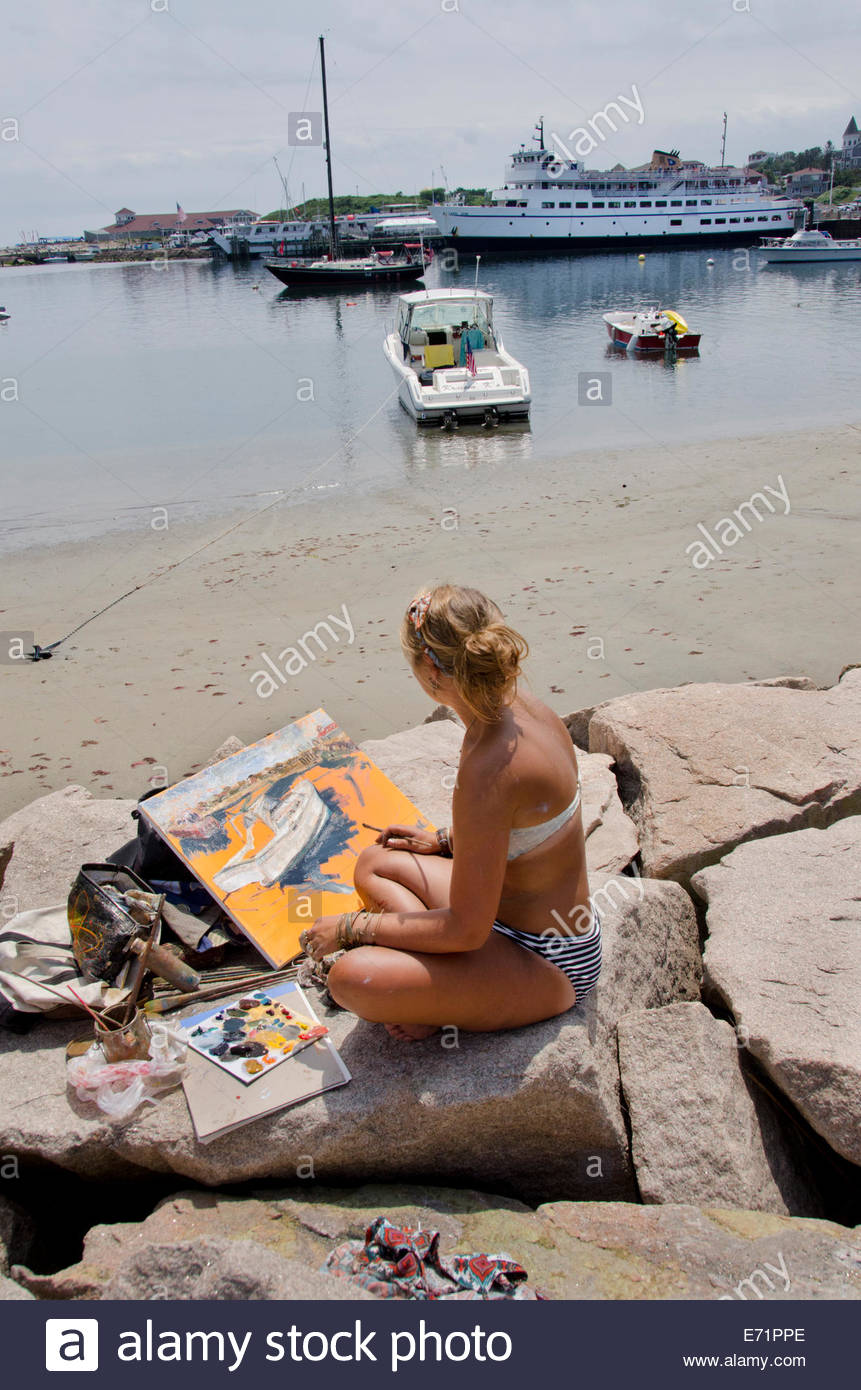 861x1390 Usa, Rhode Island, Block Island, Old Harbor. Young Woman Oil - Oil Painting Usa