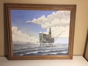300x225 Oil Rig Platform Industrial Art Painting, J Wilson., Gulf Coast - Oil Rig Painting