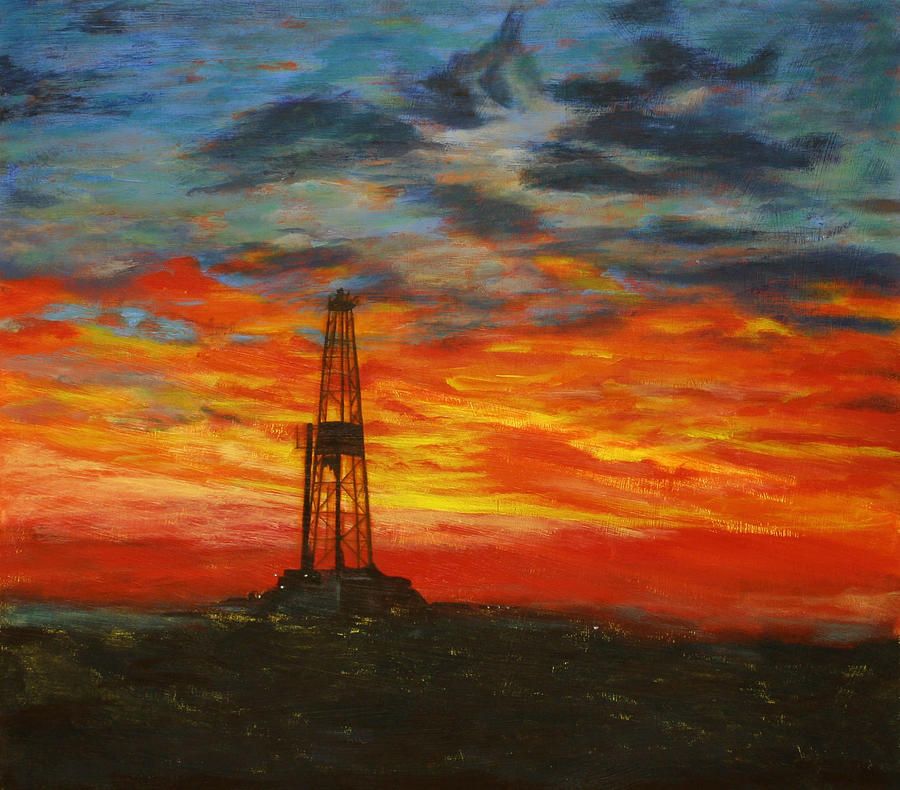 900x790 Sunrise Rig Canvas Print Canvas Art By Karen Peterson - Oil Rig Painting