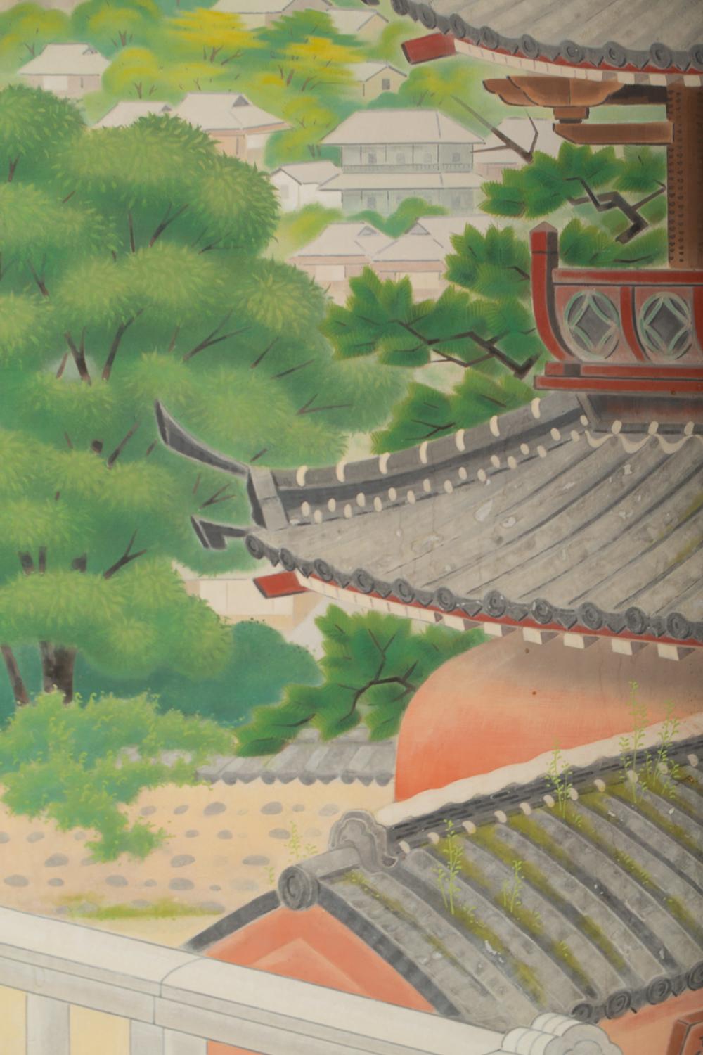 1000x1500 Japanese Four Panel Screen, Okinawa Painting Of A Temple Scene - Okinawa Painting