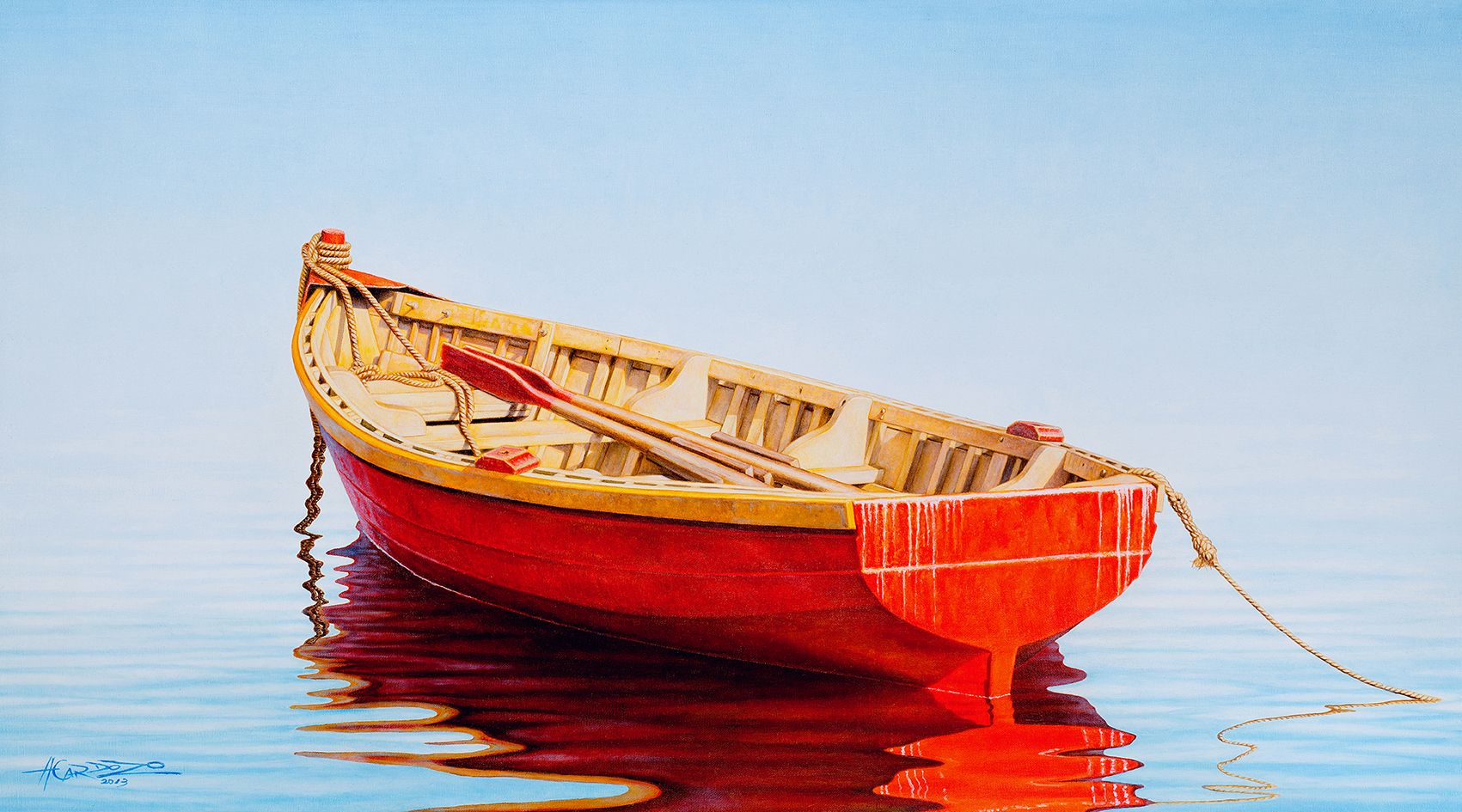 1701x945 Red Boat - Old Boat Painting