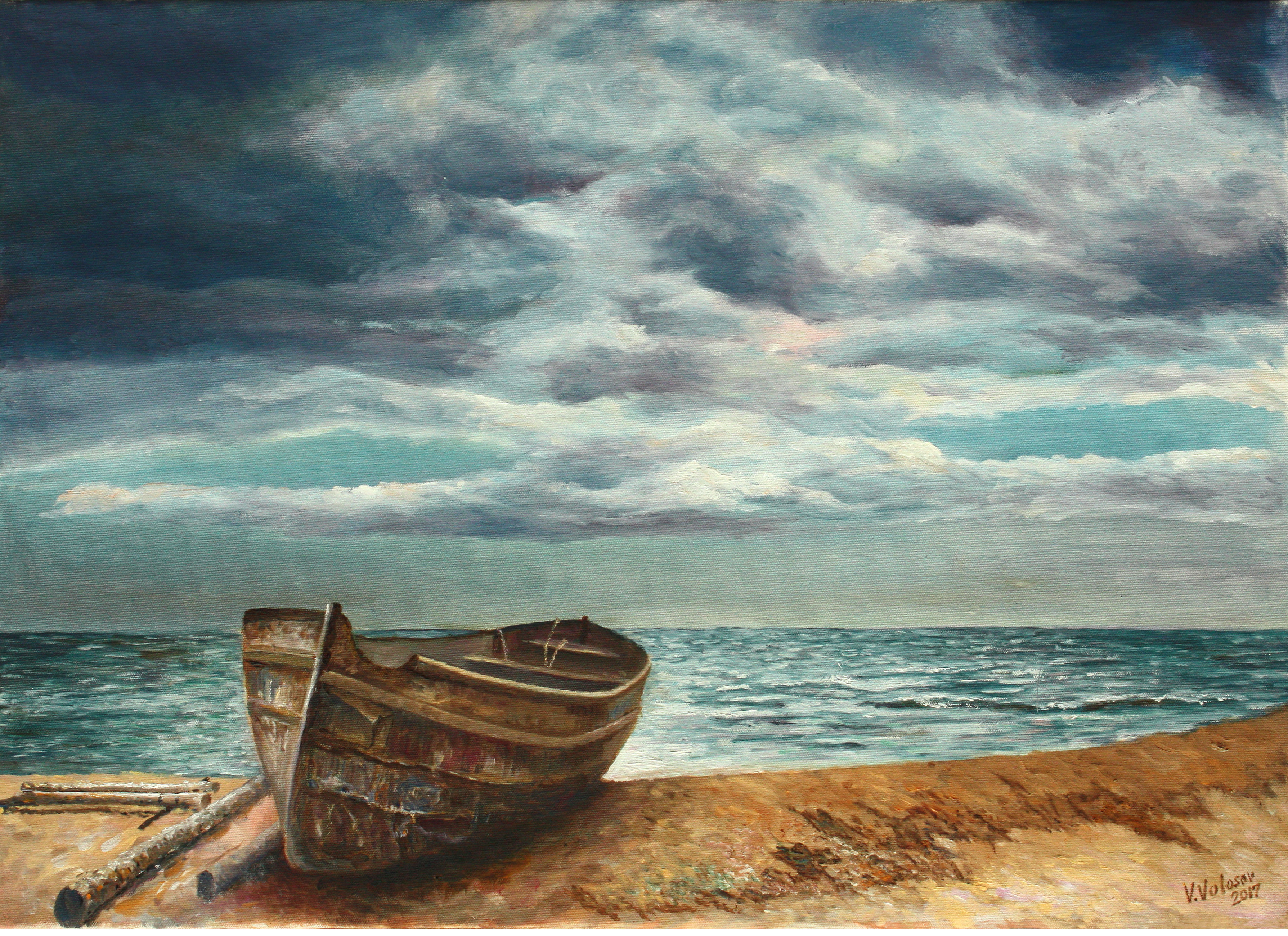 3577x2600 Vladimir Volosov Artwork Old Boat On The Beach Original - Old Boat Painting