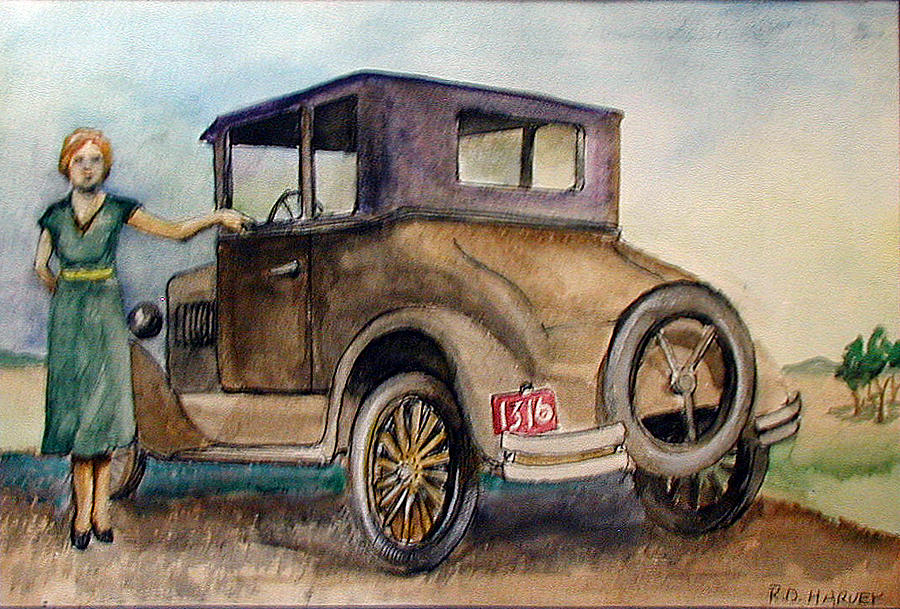 900x609 Old Car And Woman Painting By Robert Harvey - Old Car Painting