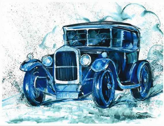 570x439 Car Painting Downton Abbey Gift Fine Art Print Blue Wall Art - Old Car Painting