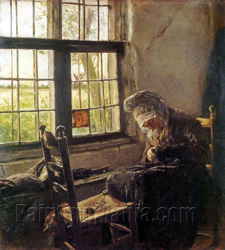 450x500 Old Woman In The Window - Old Cat Painting