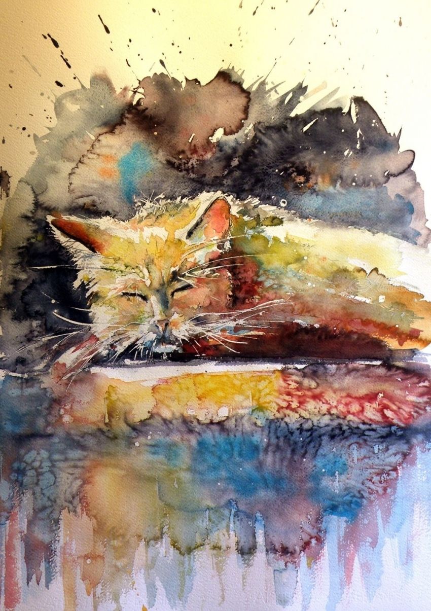 850x1205 Old Cat Resting Paintings By Kovacs Anna Brigitta - Old Cat Painting