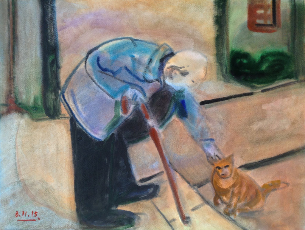 1024x772 Old Man And A Cat, Watercolor Painting 56x42cm 8.11.15 - Old Cat Painting