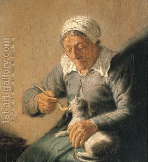 512x557 An Old Peasant Woman Feeding A Cat Milk (After) Rembrandt Van Rijn - Old Cat Painting