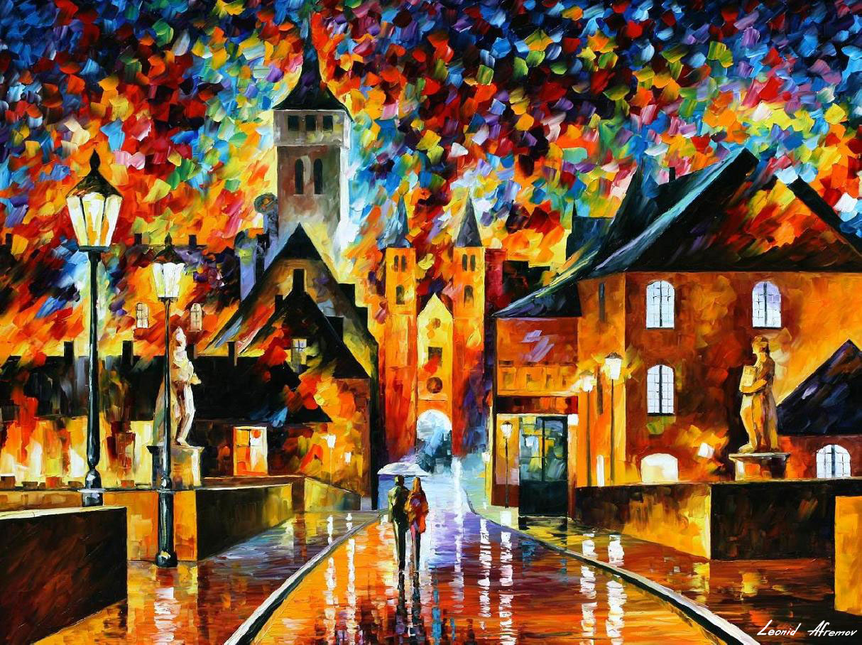 1214x908 Night In The Old City Palette Knife Oil Painting On Canvas By - Old City Painting