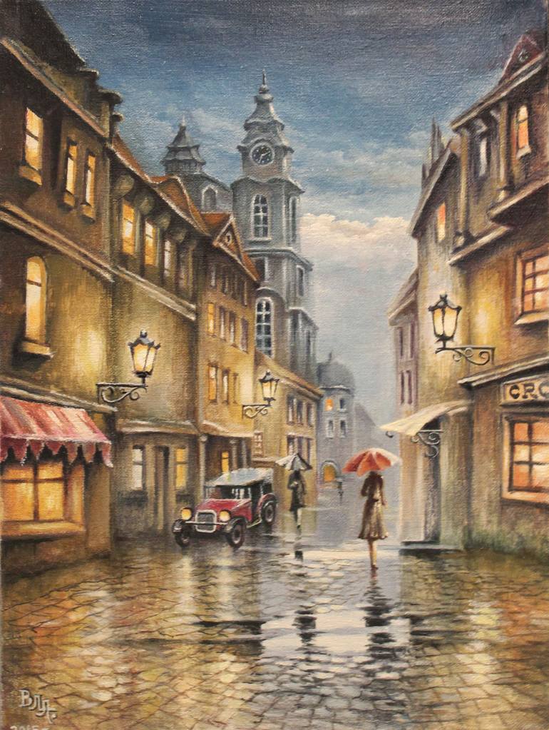 770x1023 Saatchi Art Rainy Evening In Old City Painting By Leonid Vorobyov - Old City Painting