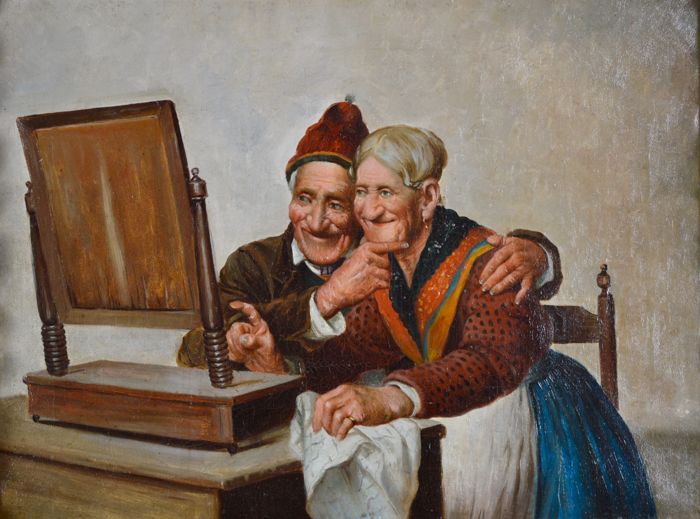 700x519 Unknown. (19th Century Italian School) - Old Couple Painting