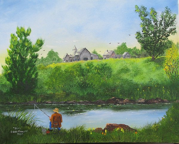 600x483 Old Farmer Fishing In His Pond Painting By Shira Diana Breithaupt - Old Farmer Painting