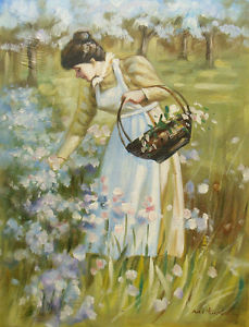 229x300 Oil Painting Of Old Fashioned Woman Picking Flowers With Basket - Old Fashioned Painting
