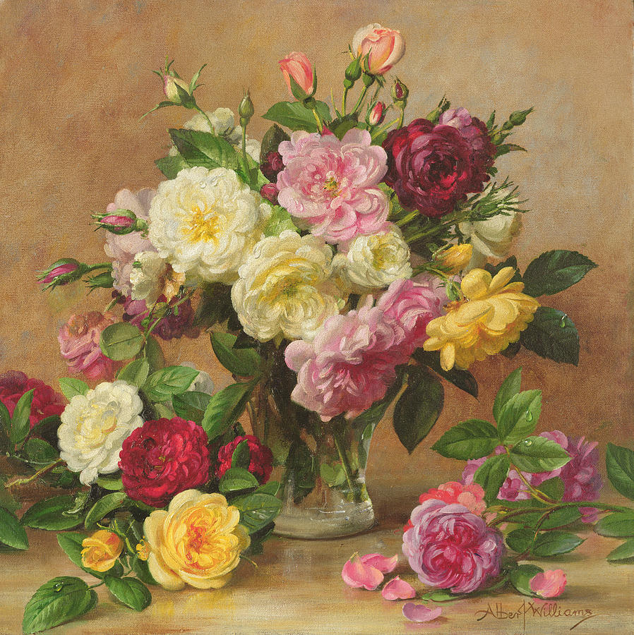 898x900 Old Fashioned Victorian Roses Painting By Albert Williams - Old Fashioned Painting