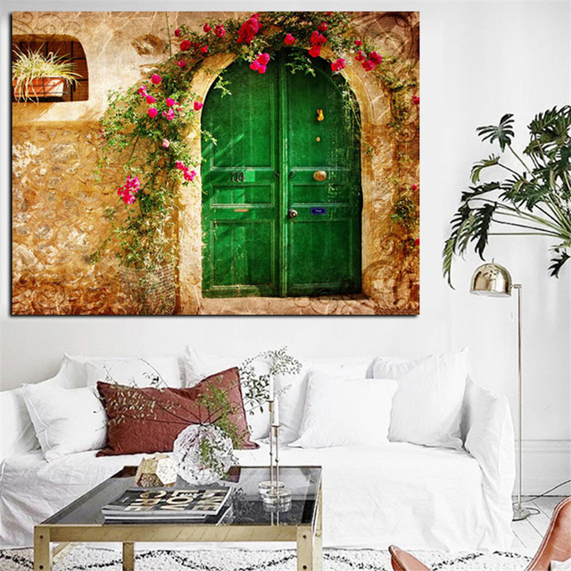 640x640 Digital Prints 3d European Old House With Green Doors Oil Painting - Old House Painting