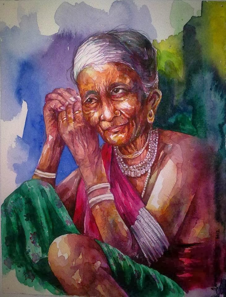 730x960 Sitting Old Lady Water Color Painting By Artist Unnikrishnan - Old Lady Painting