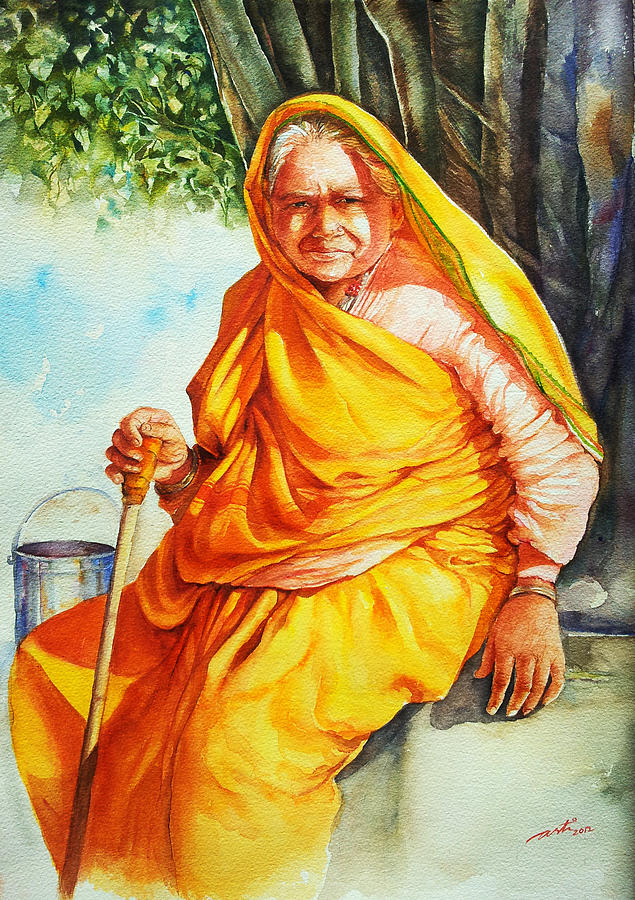 635x900 Unwind Painting By Arti Chauhan - Old Lady Painting
