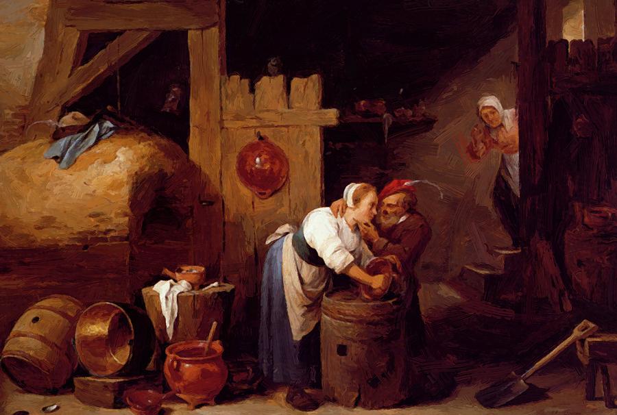 900x606 Interior Scene With A Young Woman Scrubbing Pots While An Old Man - Old Man And Woman Painting