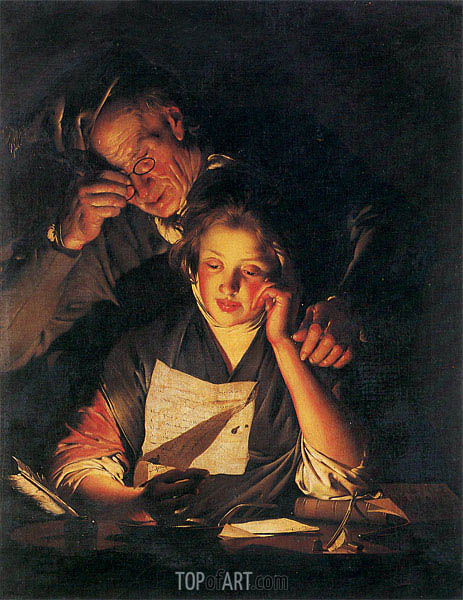 463x600 A Girl Reading A Letter With An Old Man Wright Of Derby - Old Man And Woman Painting