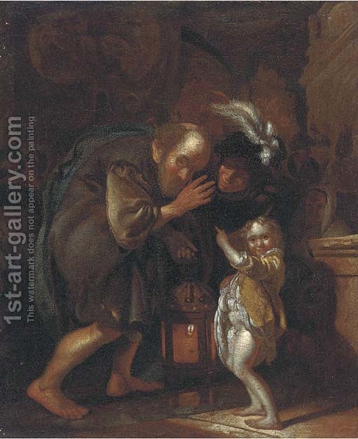 512x628 Old Man Holding A Lantern, With A Womand Child - Old Man And Woman Painting