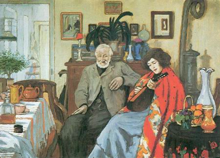 450x323 Old Man And Mandolin Playing Woman Painting, Ajozsef Rippl Ronai - Old Man And Woman Painting