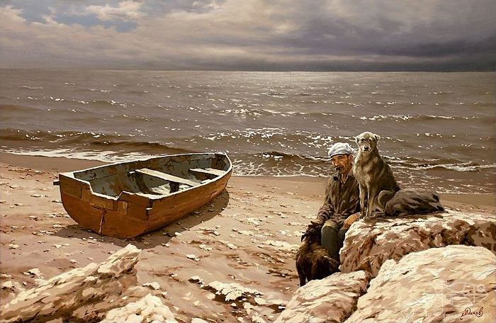 700x456 Russian Paintings Gallery - Old Man By The Sea Painting