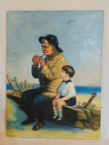 225x300 Vintage Canvas Panel Oil Painting Boy With Boat Old Man Sea - Old Man By The Sea Painting