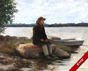 300x240 Old Man Angler Fishing W Pipe Amp Beard Late 1800's Painting Art - Old Man Fishing Painting