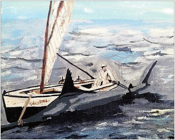 570x457 Postcard The Old Man And The Sea Coastal Fishing Fish Art - Old Man Fishing Painting