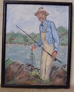 242x300 Artist Signed By Dr. Puccio Oil Painting On Canvas Of Old Man - Old Man Fishing Painting