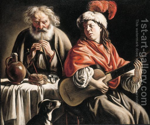 512x427 A Young Man Playing A Guitard Old Man Playing A Pipe - Old Man Guitar Painting