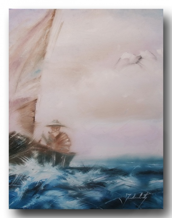 554x700 The Old Man And The Sea, Oil On Canvas, Jovanovic Milan Art - Old Man In The Sea Painting