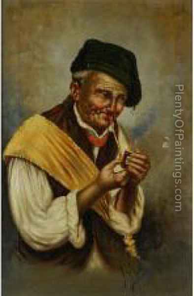 394x600 Old Man Smoking A Pipe Oil Painting Reproduction By F. Vitale - Old Man Smoking Pipe Painting