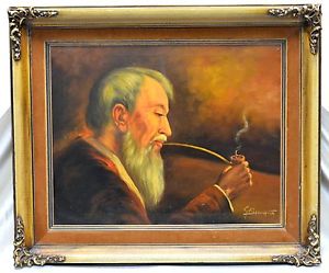 300x249 Antique S. Badolato Old Man Smoking Pipe Oil Painting In Antique - Old Man Smoking Pipe Painting