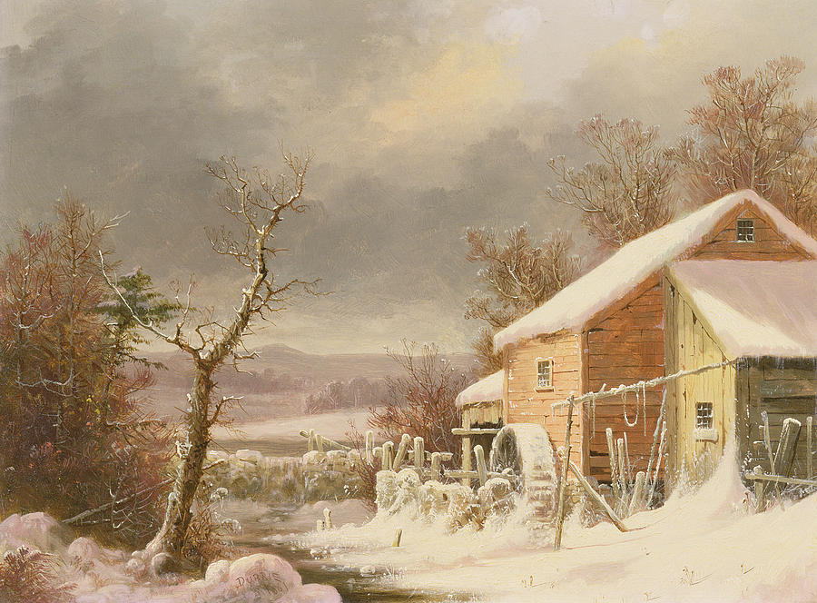 900x664 Old Mill In Winter Painting By George Henry Durrie - Old Mill Painting