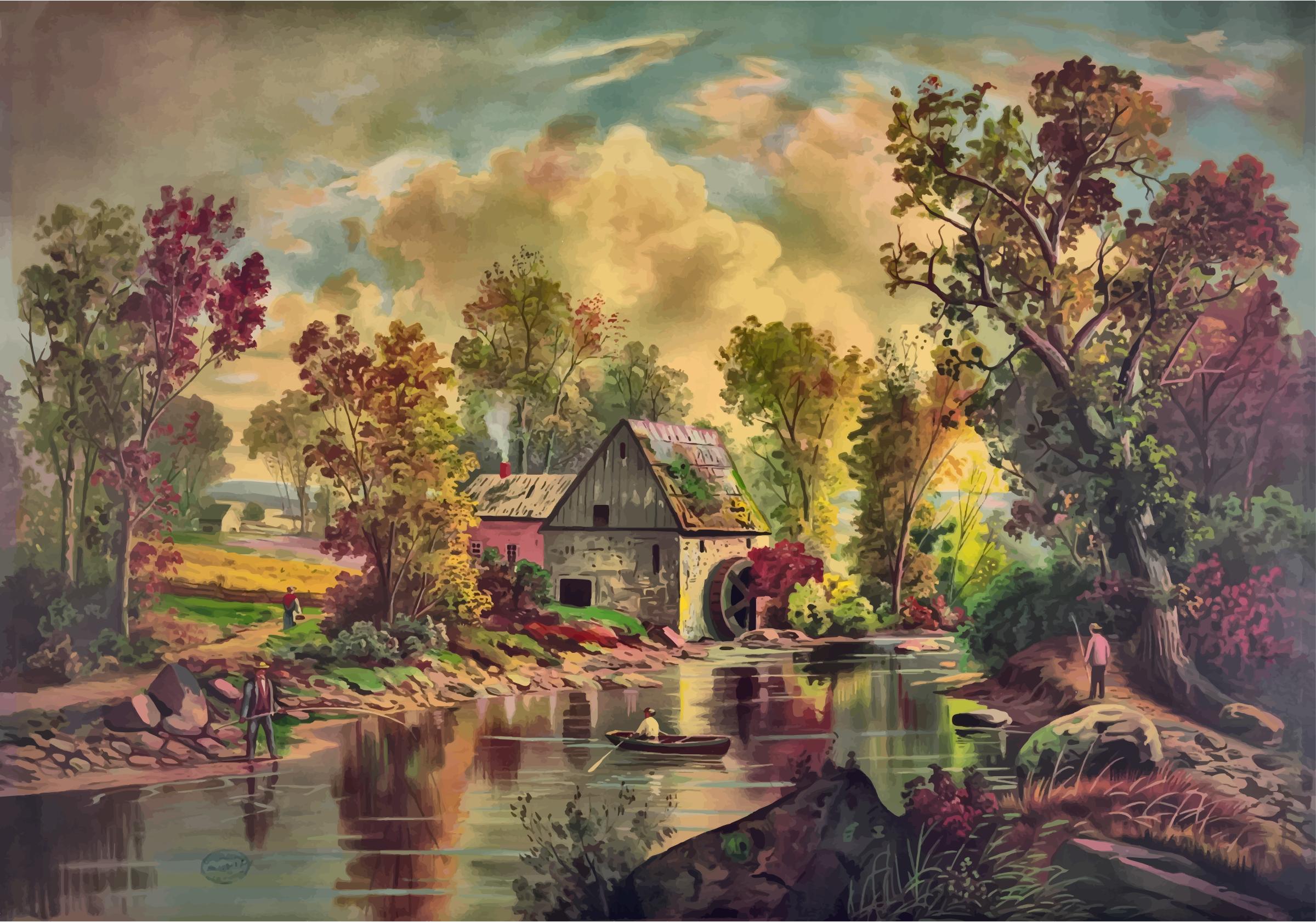 2400x1682 The Old Mill Stream Painting Icons Png - Old Mill Painting