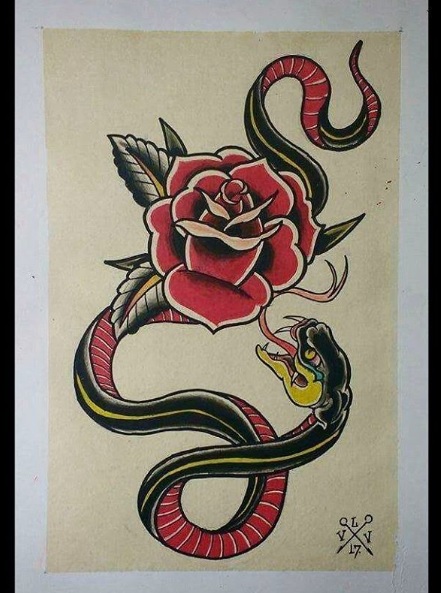 441x593 Snake And Rose - Old School Painting