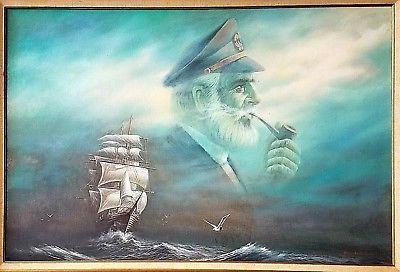 400x272 Vintage Signed Bill Hart Clipper Ship W Old Sea Captain Oil - Old Sea Captain Oil Painting
