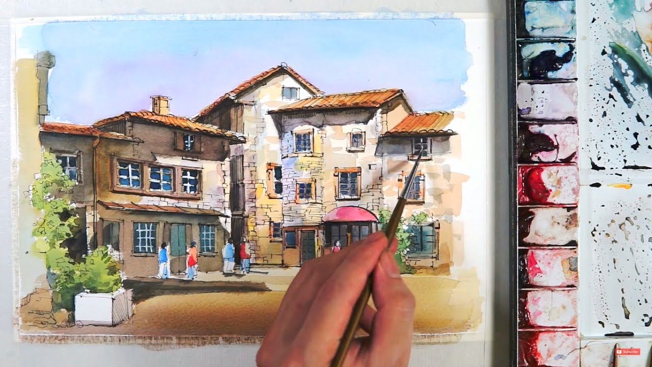 1280x720 Line And Wash Watercolor The Old Village Of Perouges In France - Old Village Painting