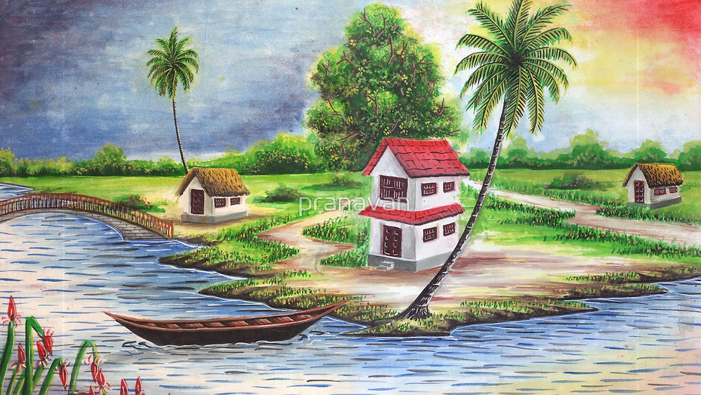 1000x563 Old Village Home By Pranavan Redbubble - Old Village Painting