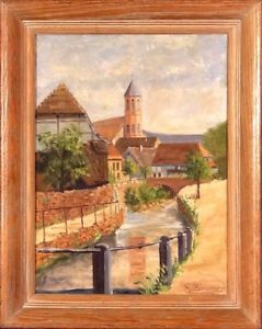239x300 Superb Ca.1945 Old Village Wchurch Amp Bridge Painting Oilcanvas - Old Village Painting