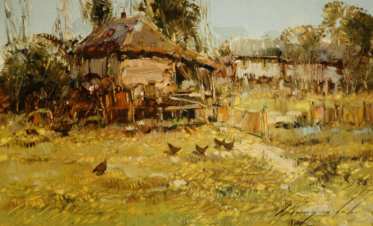 1200x727 Village Yard Scene Landscape Painting Original Oil On Canvas - Old Village Painting